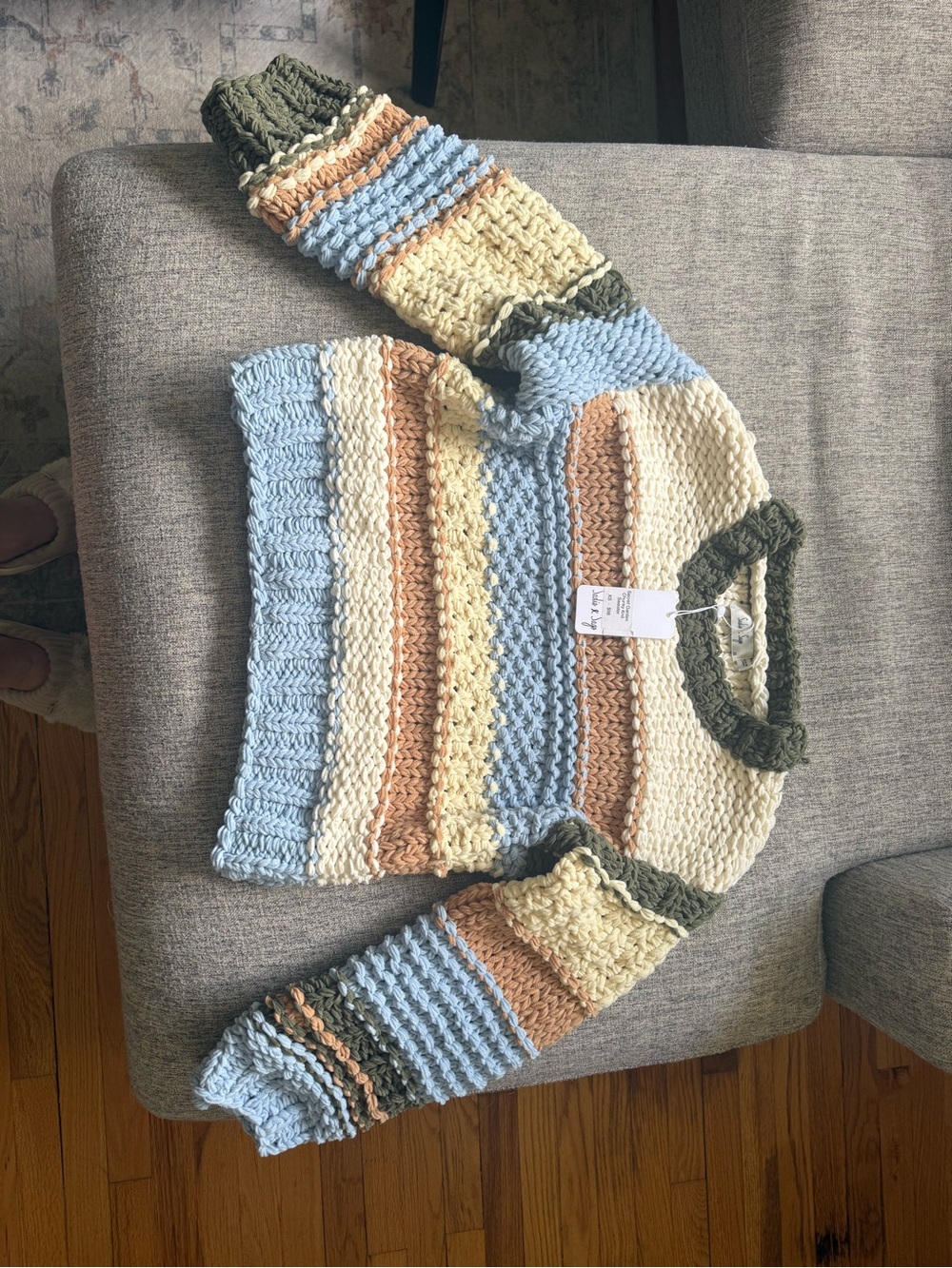 Sadie & Sage Striped Chunky Knit Sweater - Light Blue, Cream & Olive